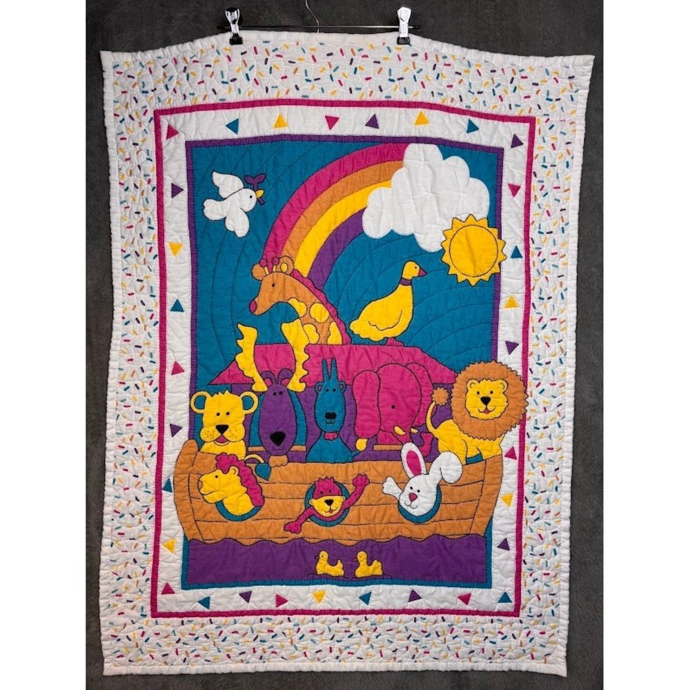 Vintage‎ 1998 Noahs Ark Baby Quilt Handmade Rainbow Animals White 32x45 Nursery